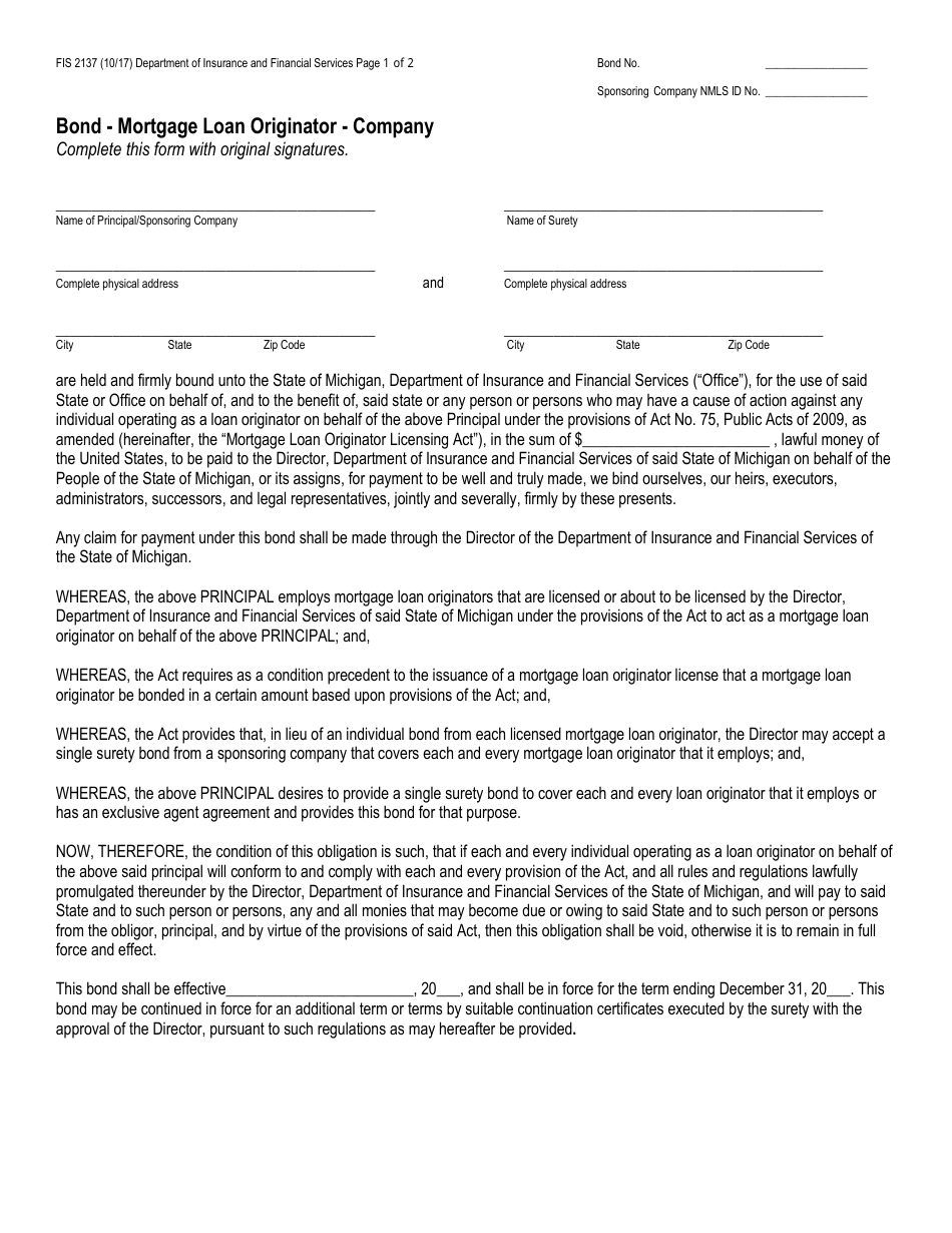Form FIS2137 Bond - Mortgage Loan Originator - Company - Michigan, Page 2