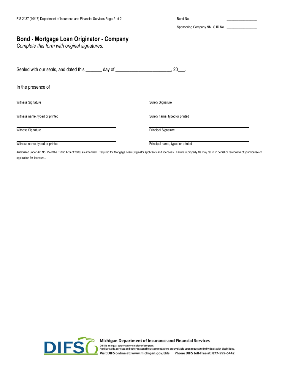 Form FIS2137 Bond - Mortgage Loan Originator - Company - Michigan, Page 3