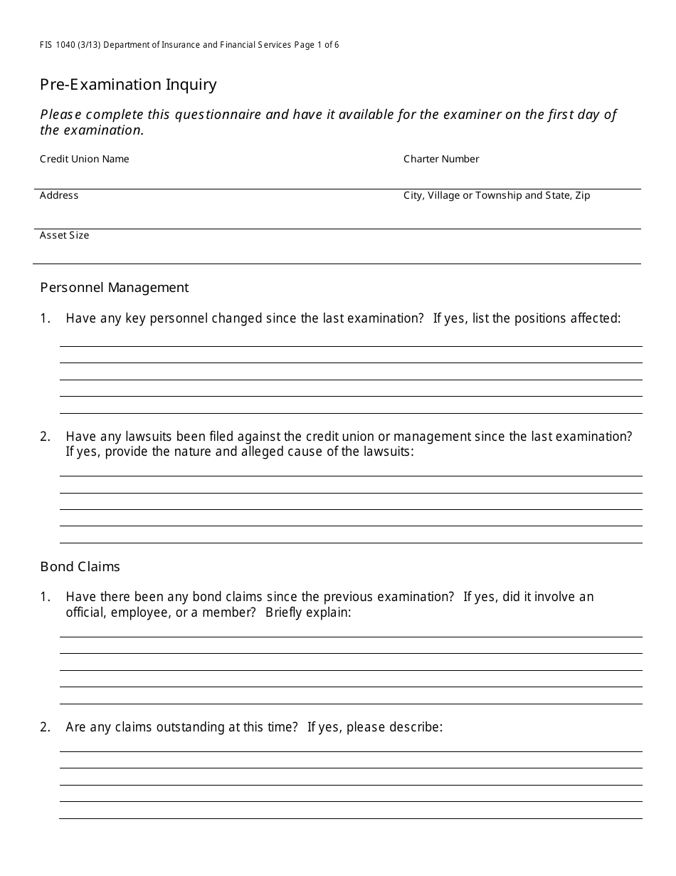 Form FIS1040 Pre-examination Inquiry - Michigan, Page 1