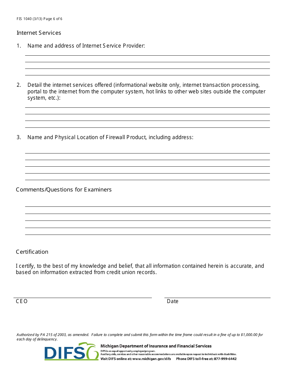 Form FIS1040 Pre-examination Inquiry - Michigan, Page 6