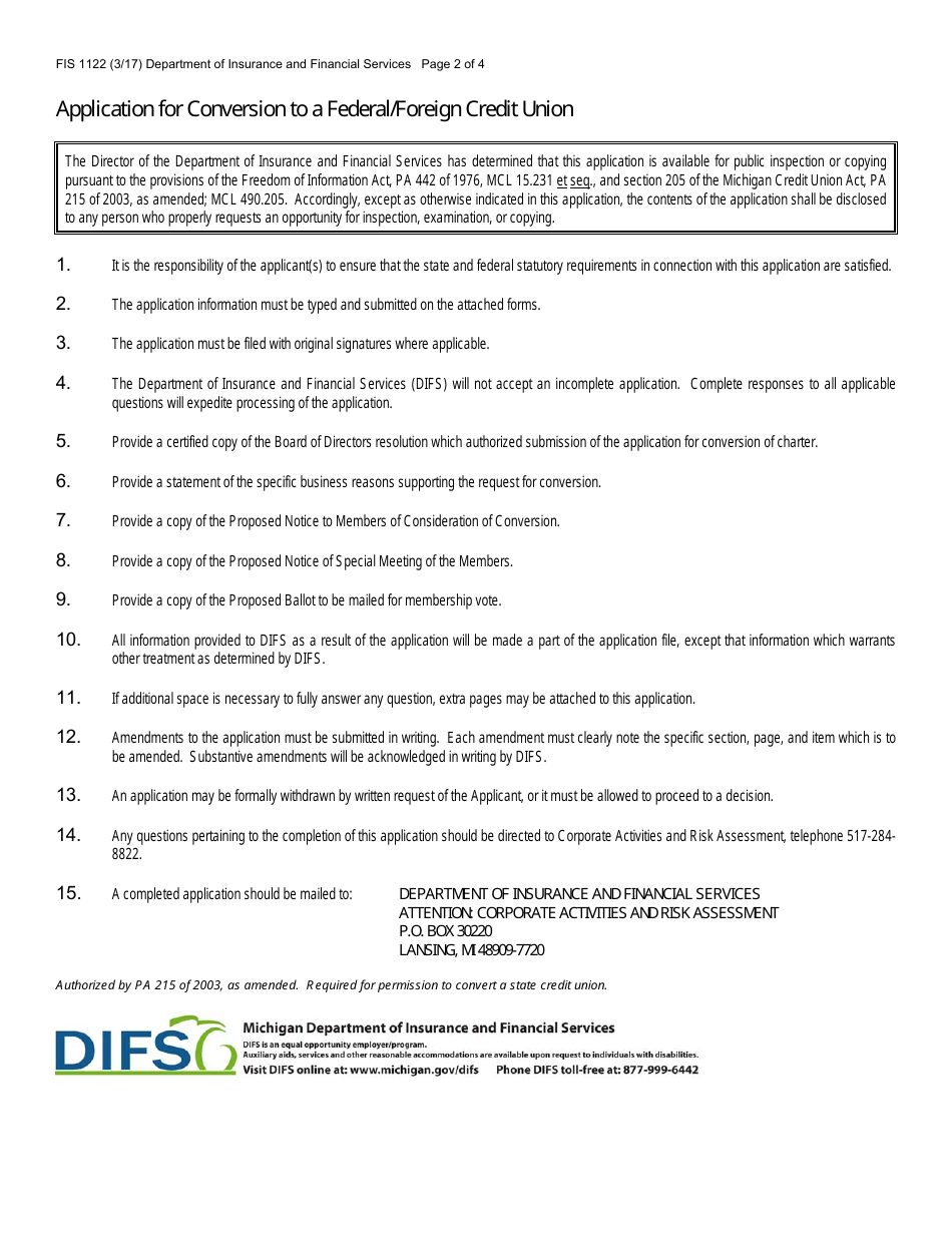 Form FIS1122 Application for Conversion of Charter to a Federal / Foreign Credit Union - Michigan, Page 2