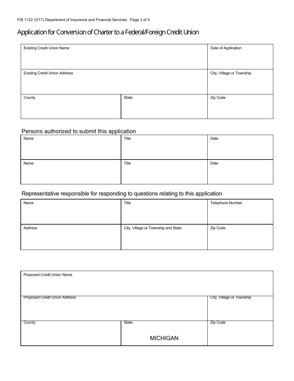 Form FIS1122 Application for Conversion of Charter to a Federal / Foreign Credit Union - Michigan, Page 3