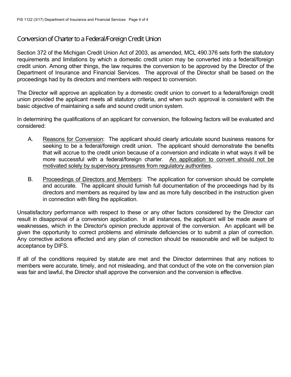 Form FIS1122 Application for Conversion of Charter to a Federal / Foreign Credit Union - Michigan, Page 4