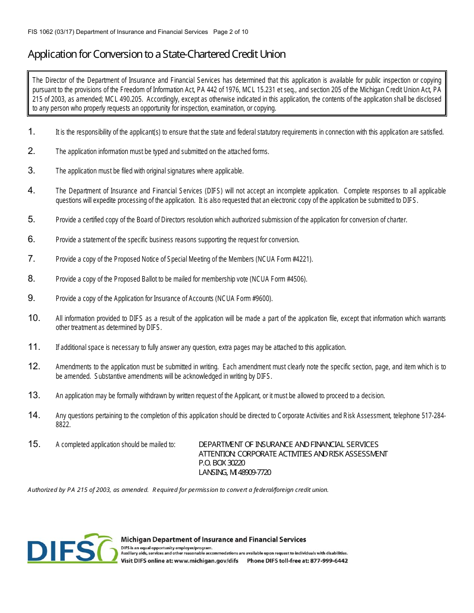 Form FIS1062 Application for Conversion to a State-Chartered Credit Union - Michigan, Page 2