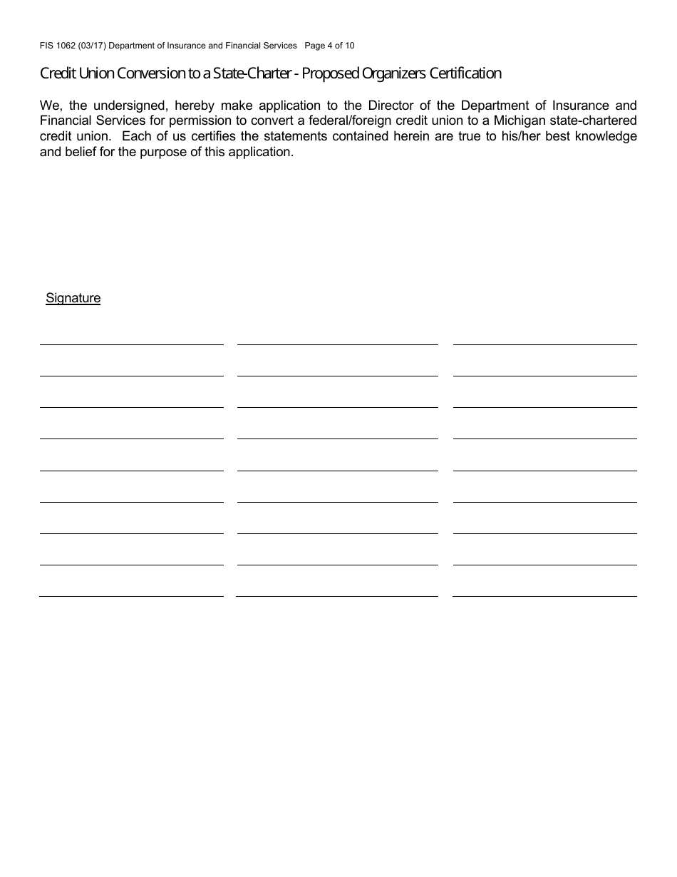 Form FIS1062 Application for Conversion to a State-Chartered Credit Union - Michigan, Page 4