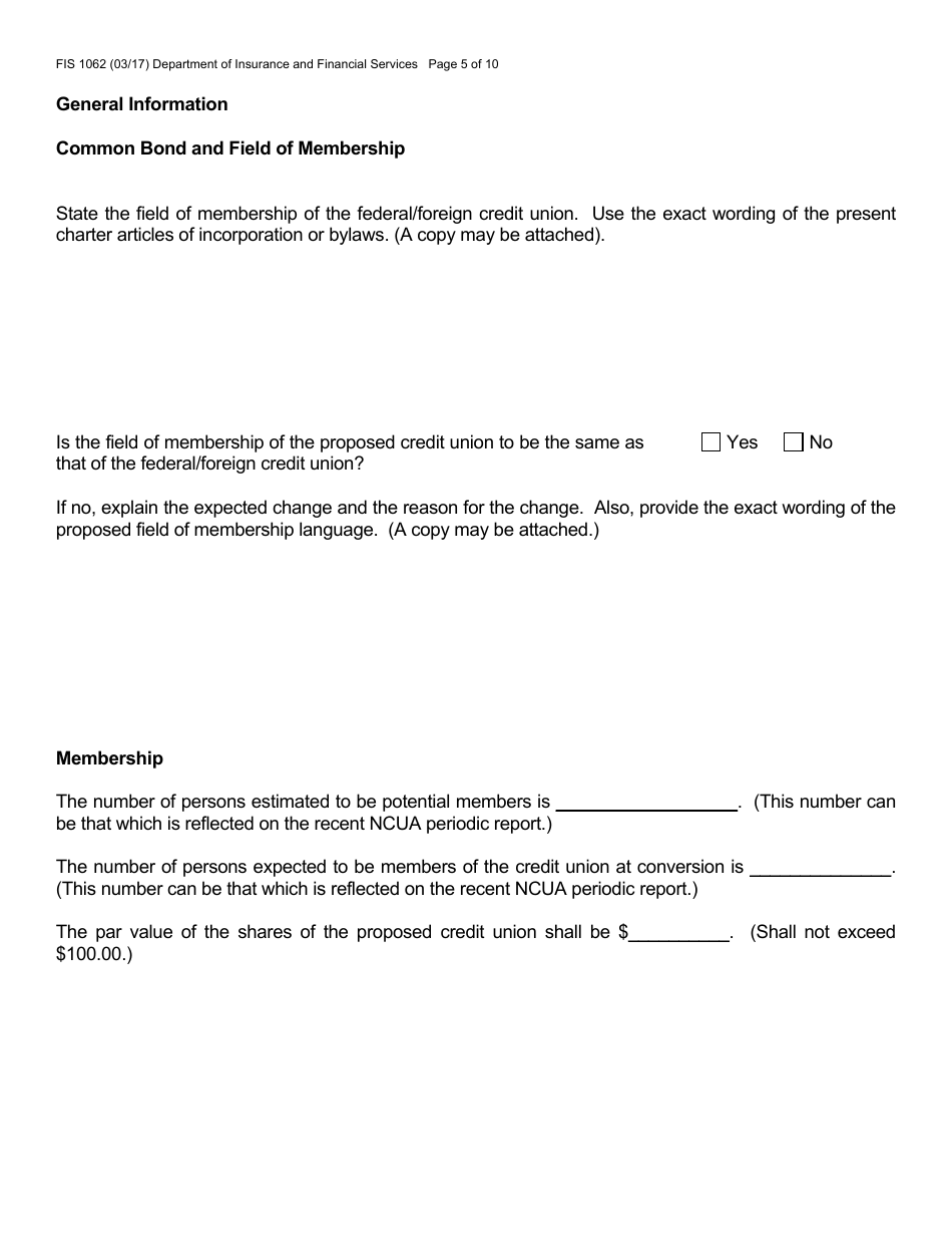 Form FIS1062 Application for Conversion to a State-Chartered Credit Union - Michigan, Page 5