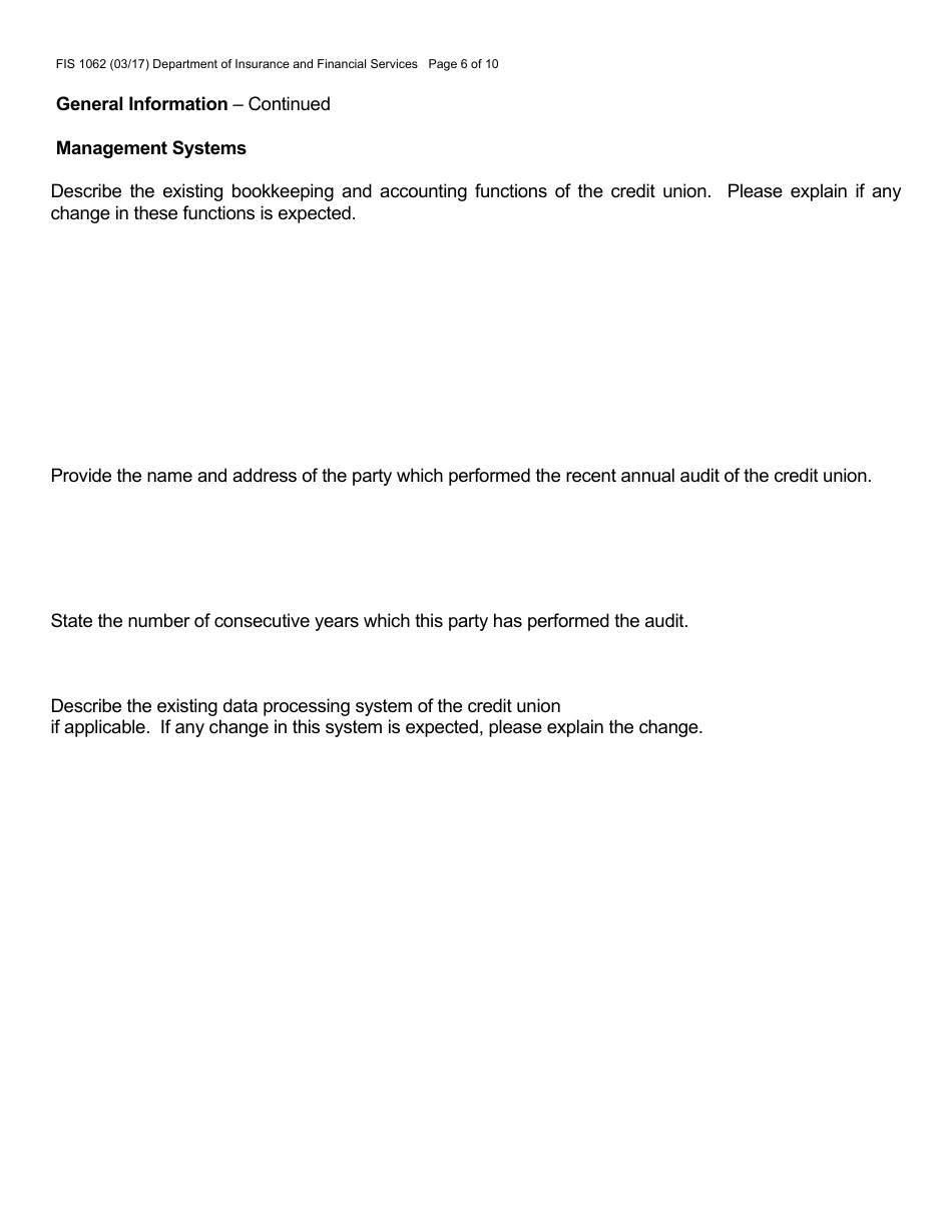 Form FIS1062 Application for Conversion to a State-Chartered Credit Union - Michigan, Page 6