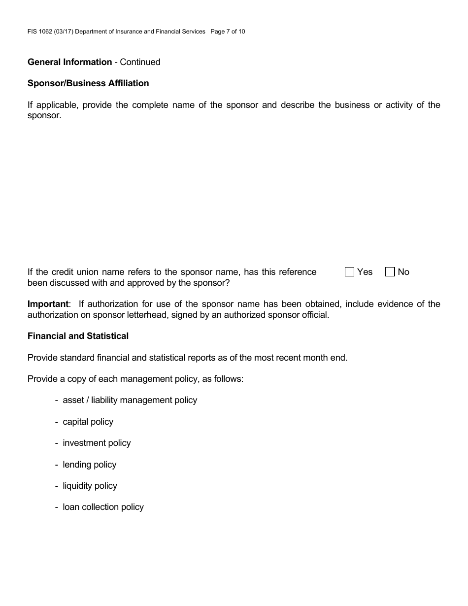 Form FIS1062 Application for Conversion to a State-Chartered Credit Union - Michigan, Page 7