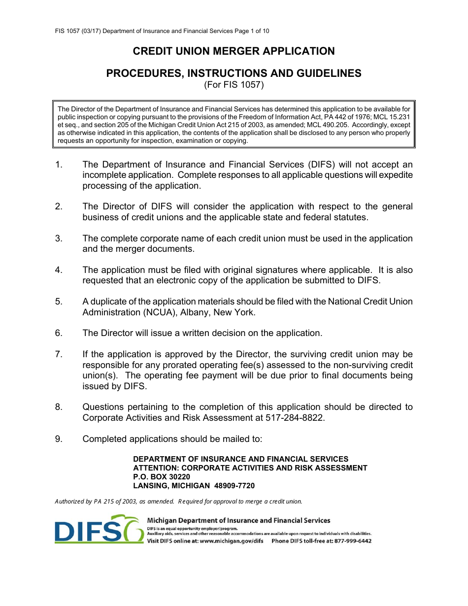 Form FIS1057 Application for Permission to Merge a Credit Union With Another Credit Union - Michigan, Page 1