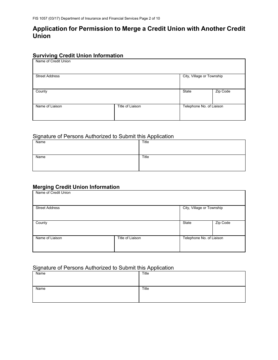 Form FIS1057 Application for Permission to Merge a Credit Union With Another Credit Union - Michigan, Page 2