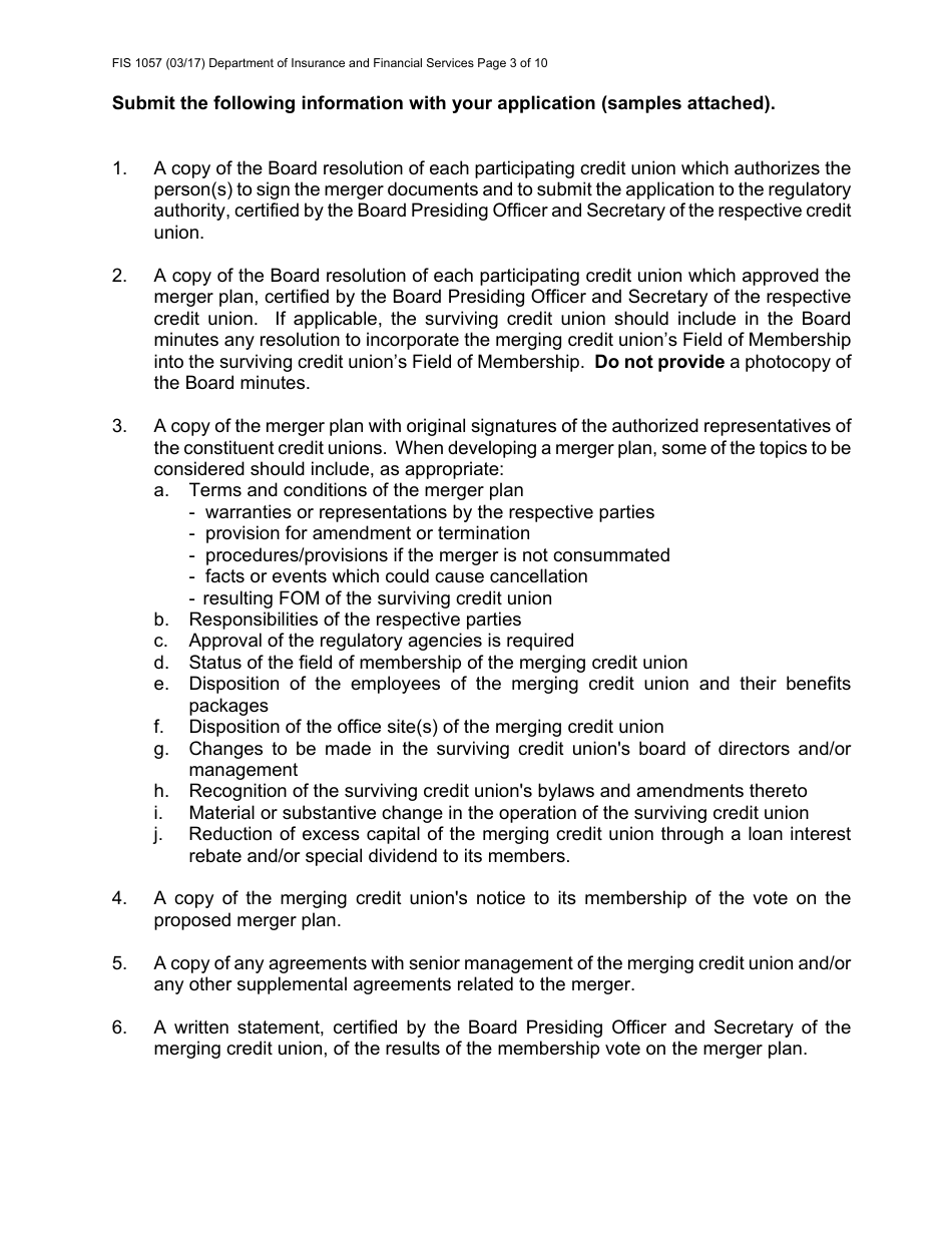 Form FIS1057 Application for Permission to Merge a Credit Union With Another Credit Union - Michigan, Page 3
