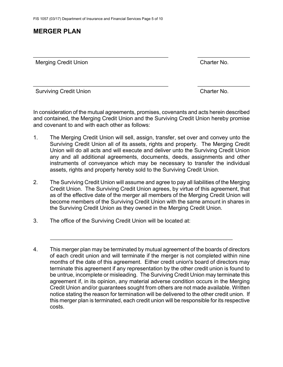 Form FIS1057 Application for Permission to Merge a Credit Union With Another Credit Union - Michigan, Page 5