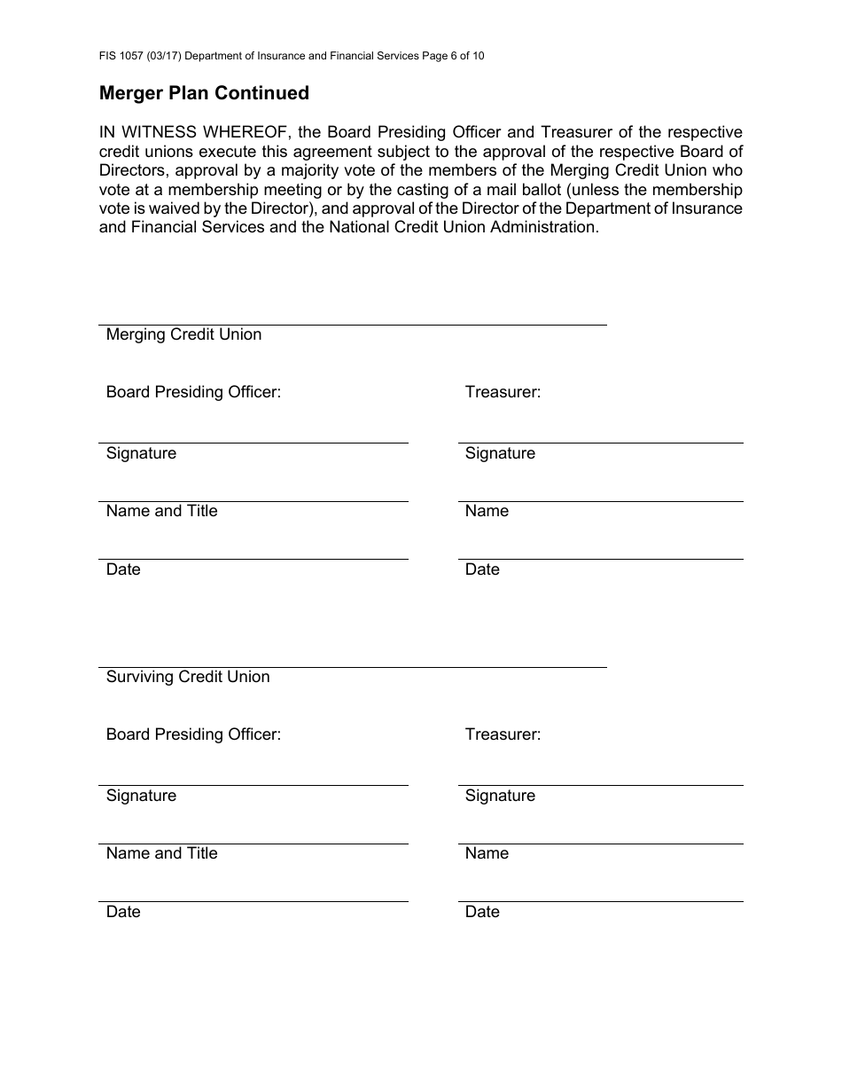 Form FIS1057 Application for Permission to Merge a Credit Union With Another Credit Union - Michigan, Page 6