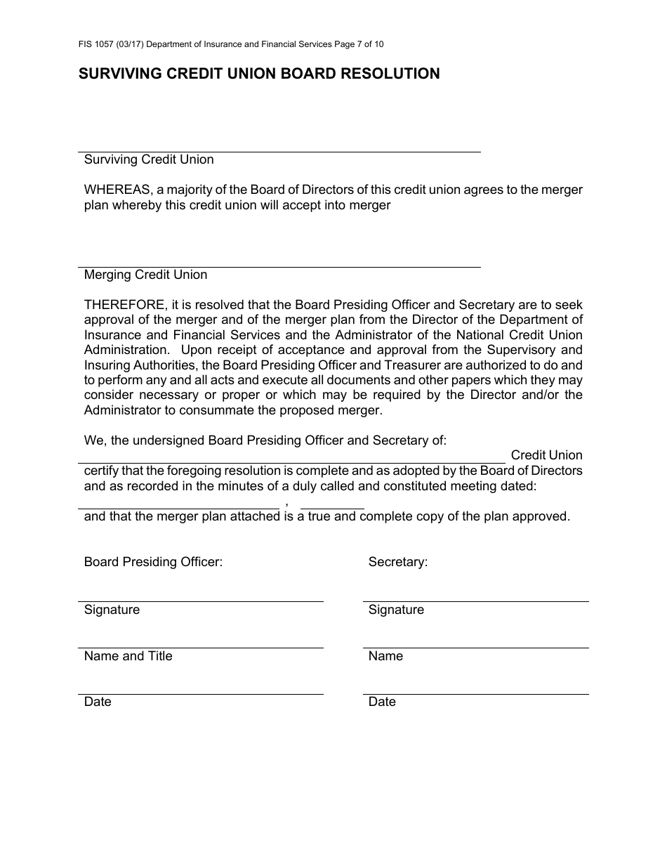Form FIS1057 Application for Permission to Merge a Credit Union With Another Credit Union - Michigan, Page 7