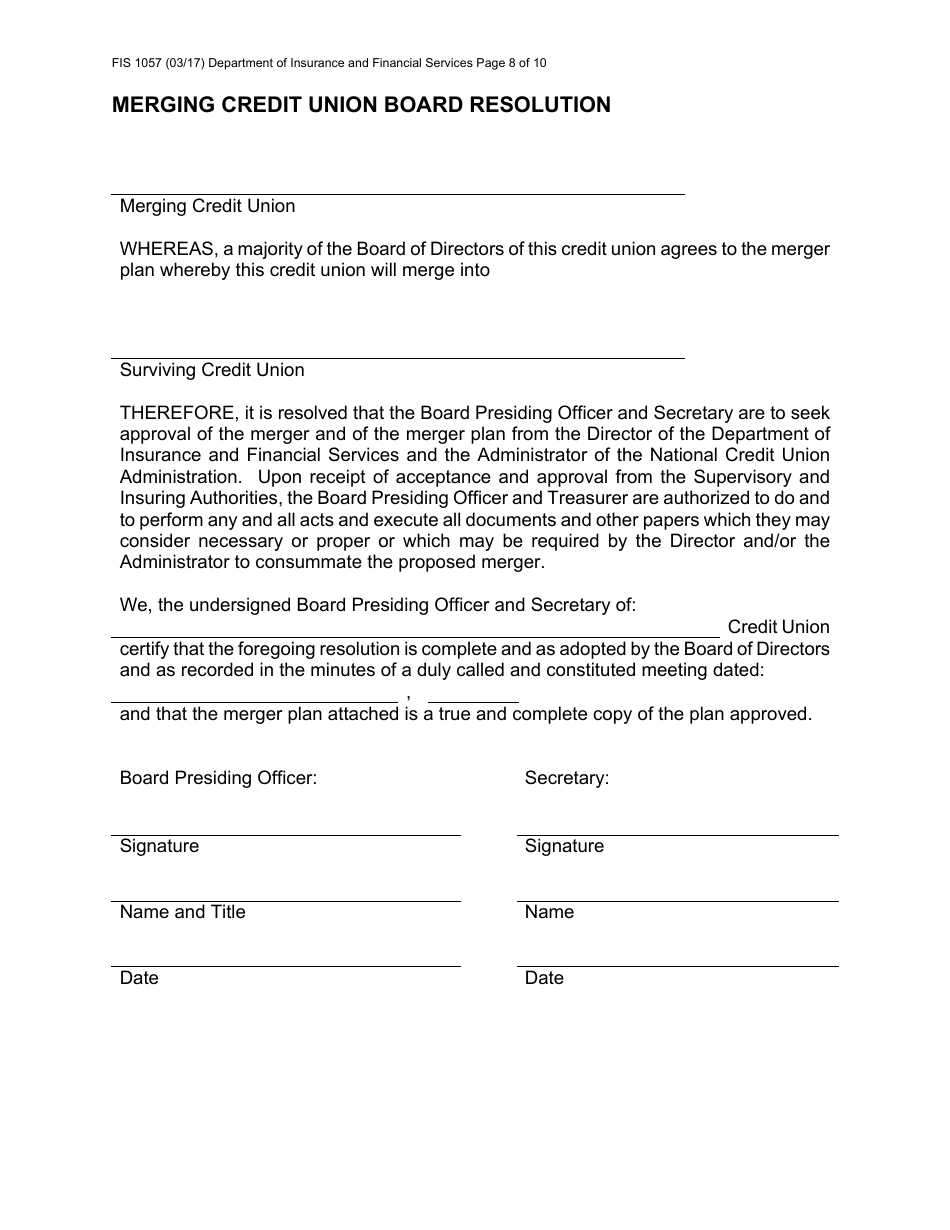 Form FIS1057 Application for Permission to Merge a Credit Union With Another Credit Union - Michigan, Page 8