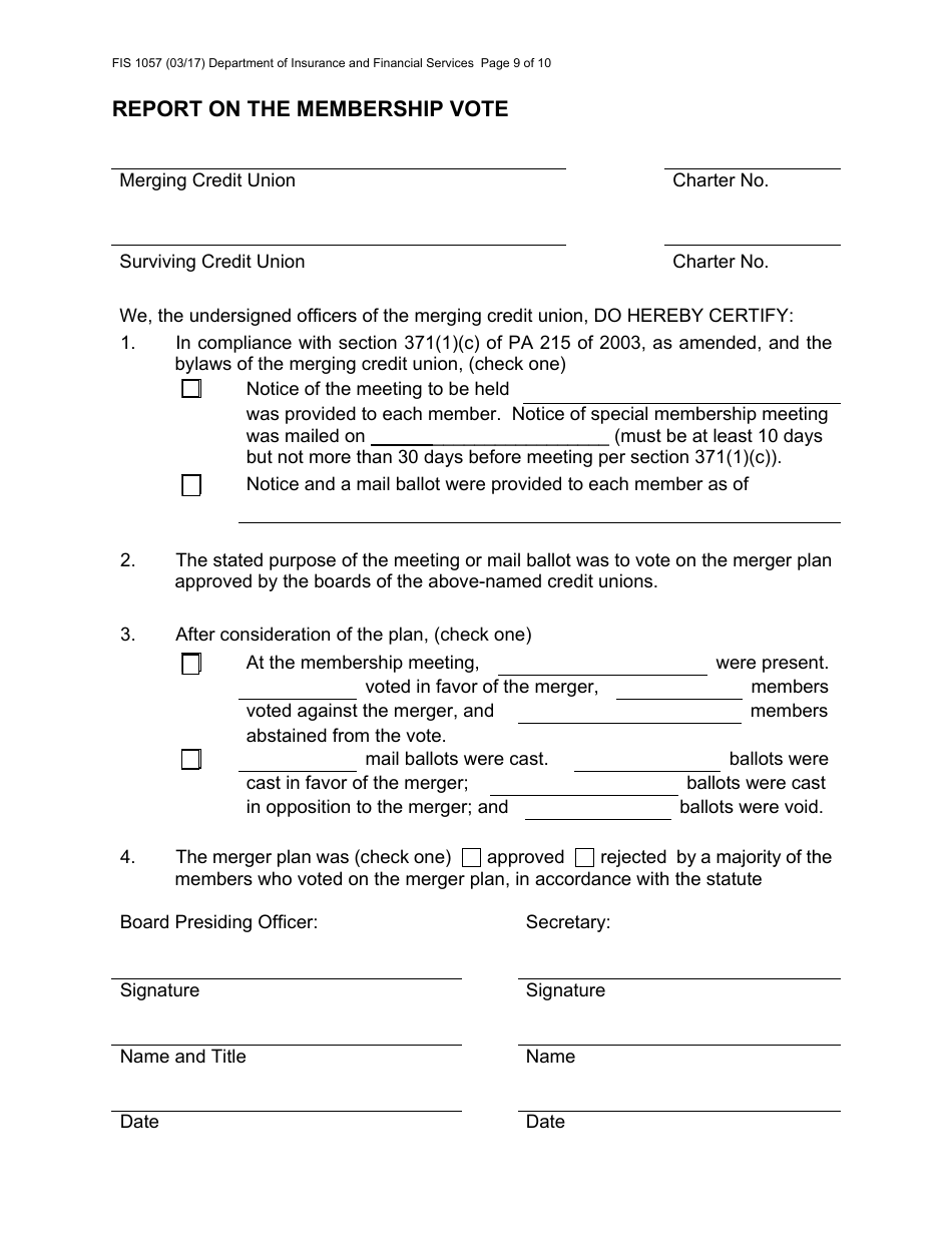 Form FIS1057 Application for Permission to Merge a Credit Union With Another Credit Union - Michigan, Page 9