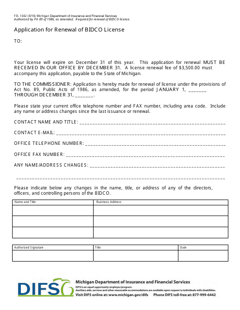 Form FIS1042 Application for Renewal of Bidco License - Michigan