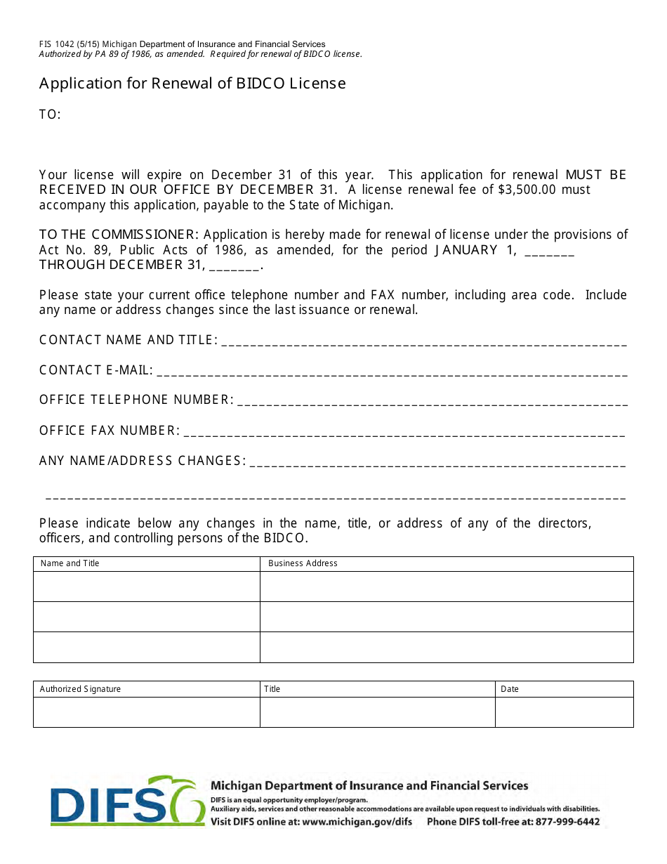 Form FIS1042 Application for Renewal of Bidco License - Michigan, Page 1