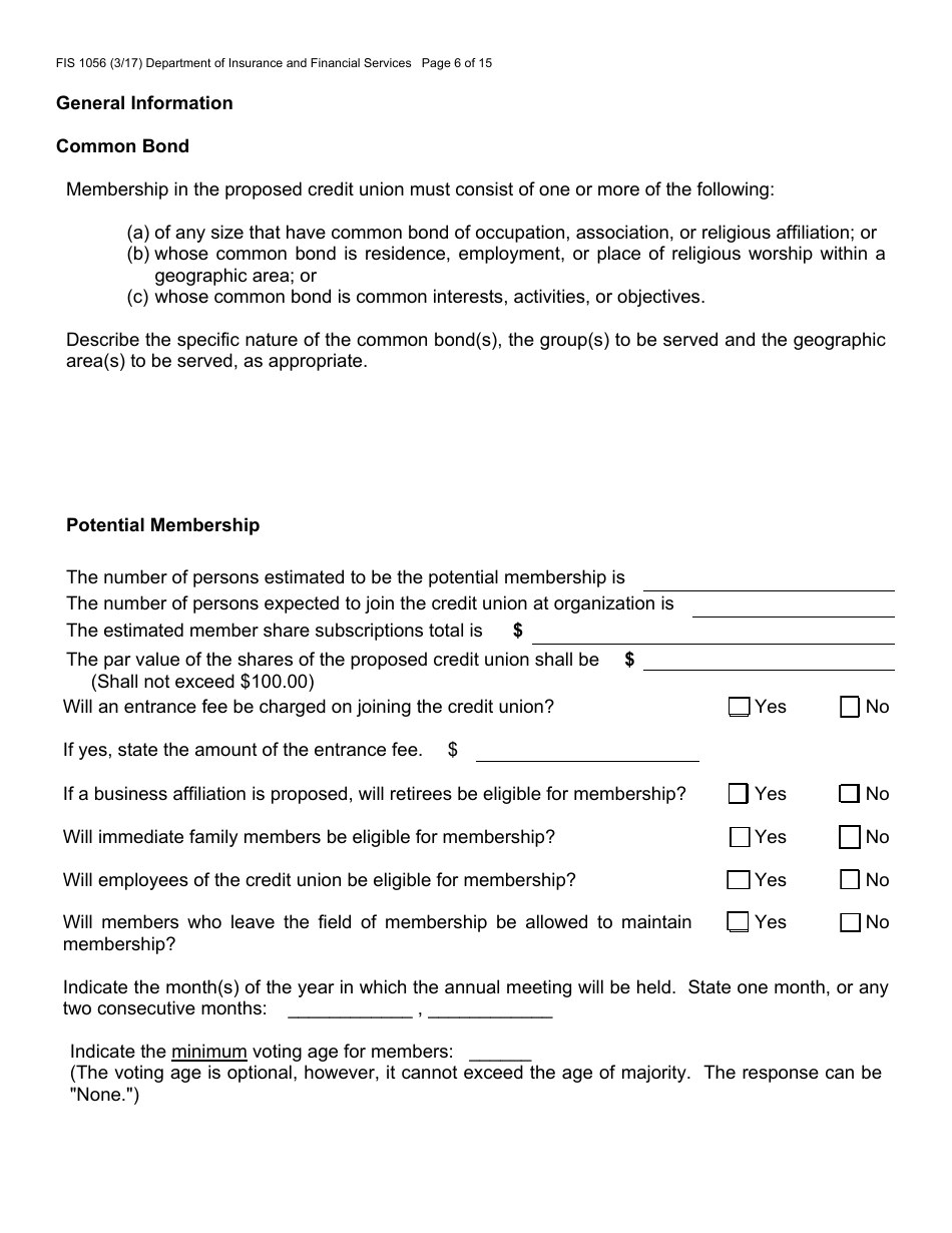 Form FIS1056 Application for Permission to Organize a State-Chartered Credit Union - Michigan, Page 10