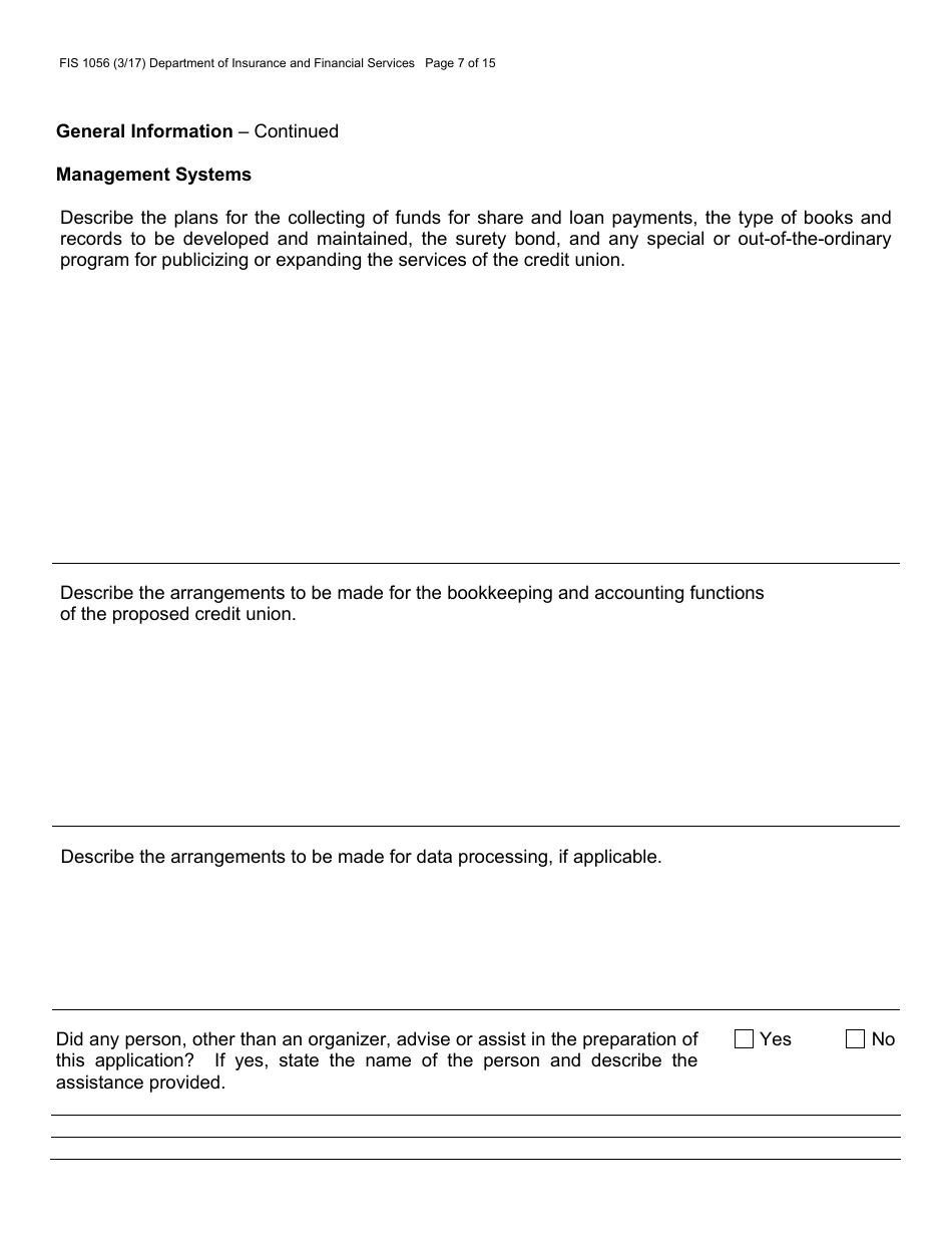 Form FIS1056 Application for Permission to Organize a State-Chartered Credit Union - Michigan, Page 11