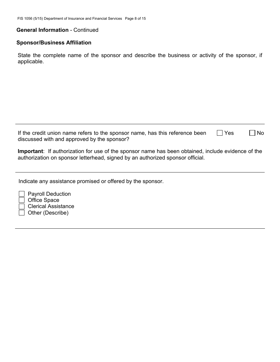 Form FIS1056 Application for Permission to Organize a State-Chartered Credit Union - Michigan, Page 12