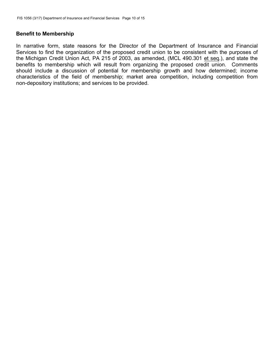 Form FIS1056 Application for Permission to Organize a State-Chartered Credit Union - Michigan, Page 14