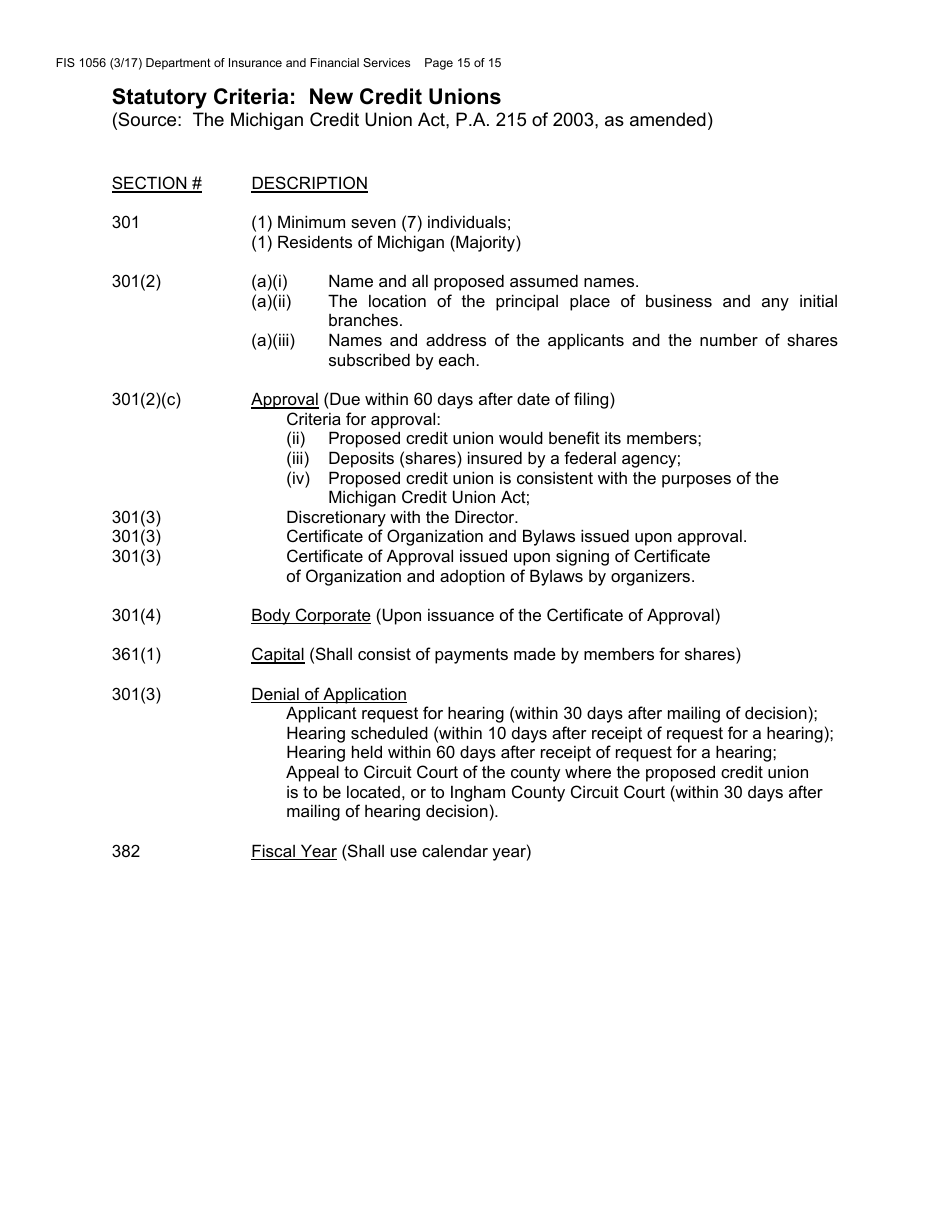 Form FIS1056 Application for Permission to Organize a State-Chartered Credit Union - Michigan, Page 19
