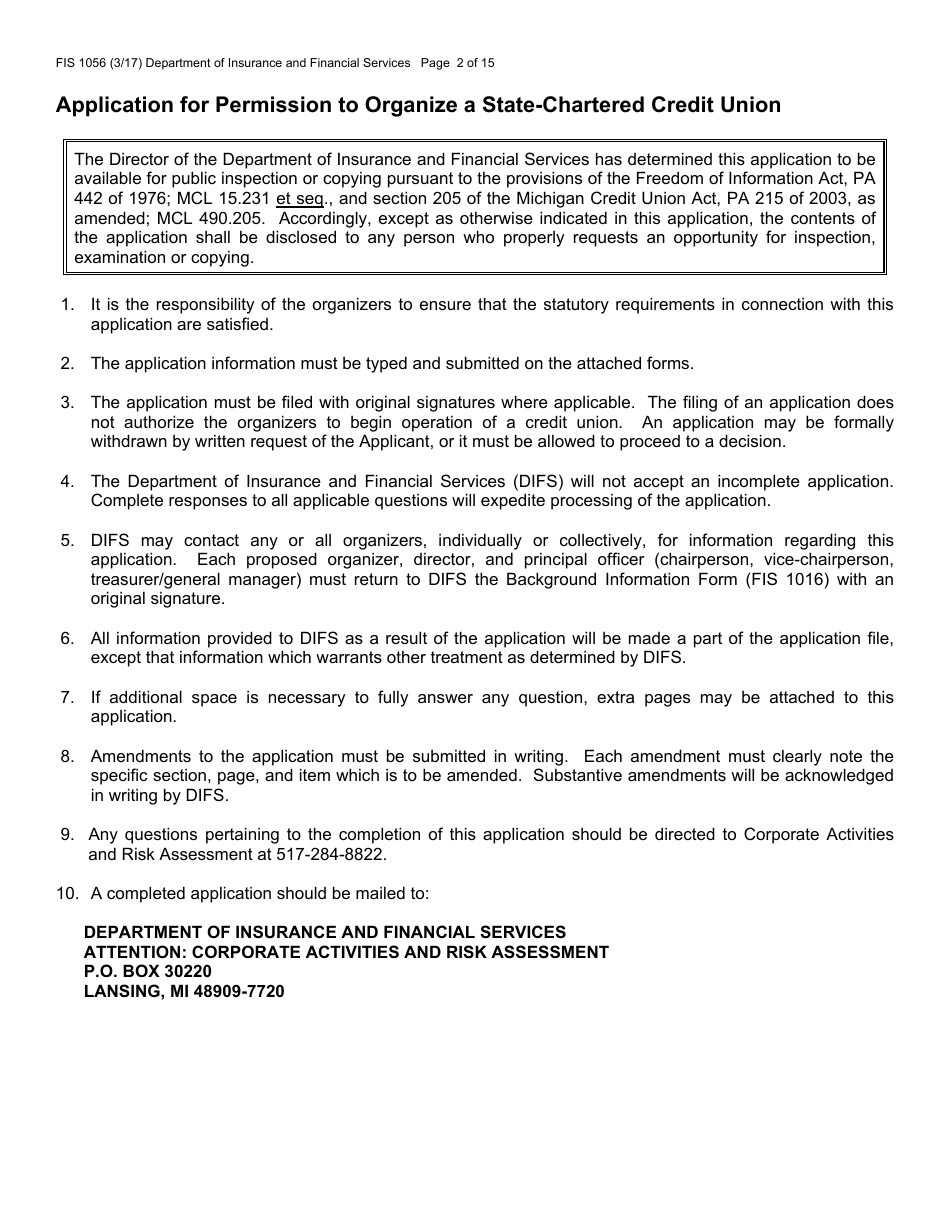 Form FIS1056 Application for Permission to Organize a State-Chartered Credit Union - Michigan, Page 3