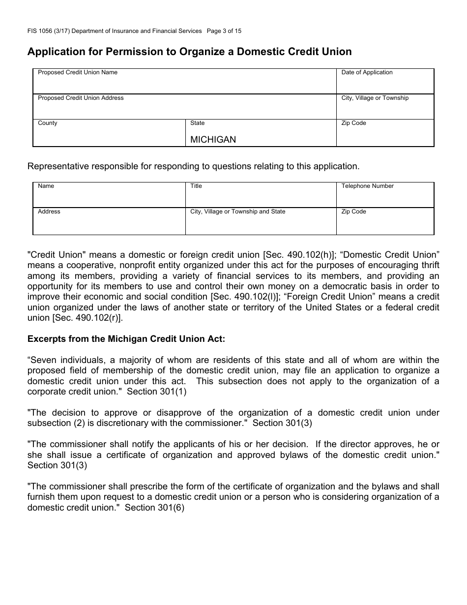 Form FIS1056 Application for Permission to Organize a State-Chartered Credit Union - Michigan, Page 4