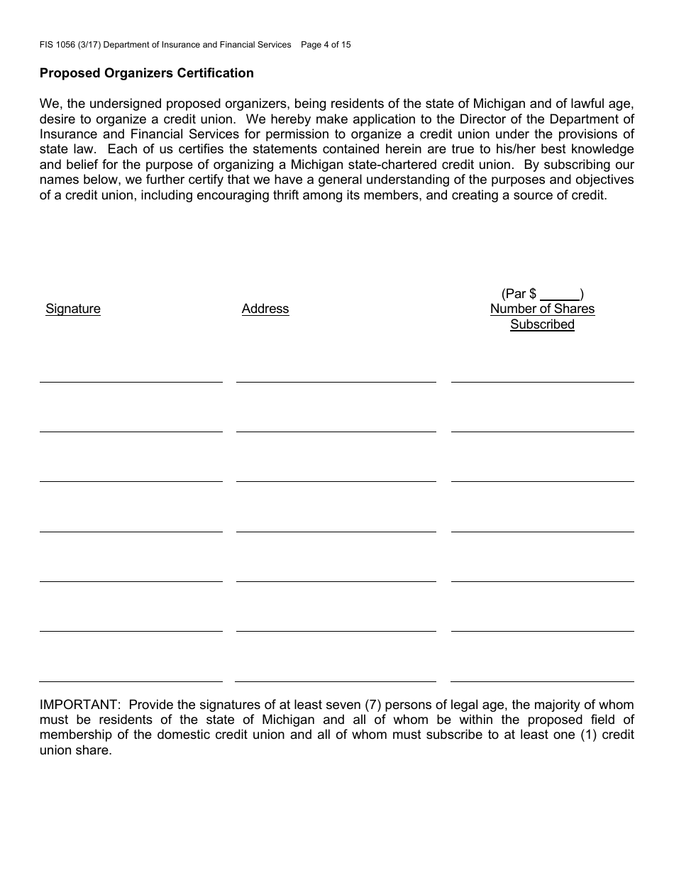Form FIS1056 Application for Permission to Organize a State-Chartered Credit Union - Michigan, Page 6