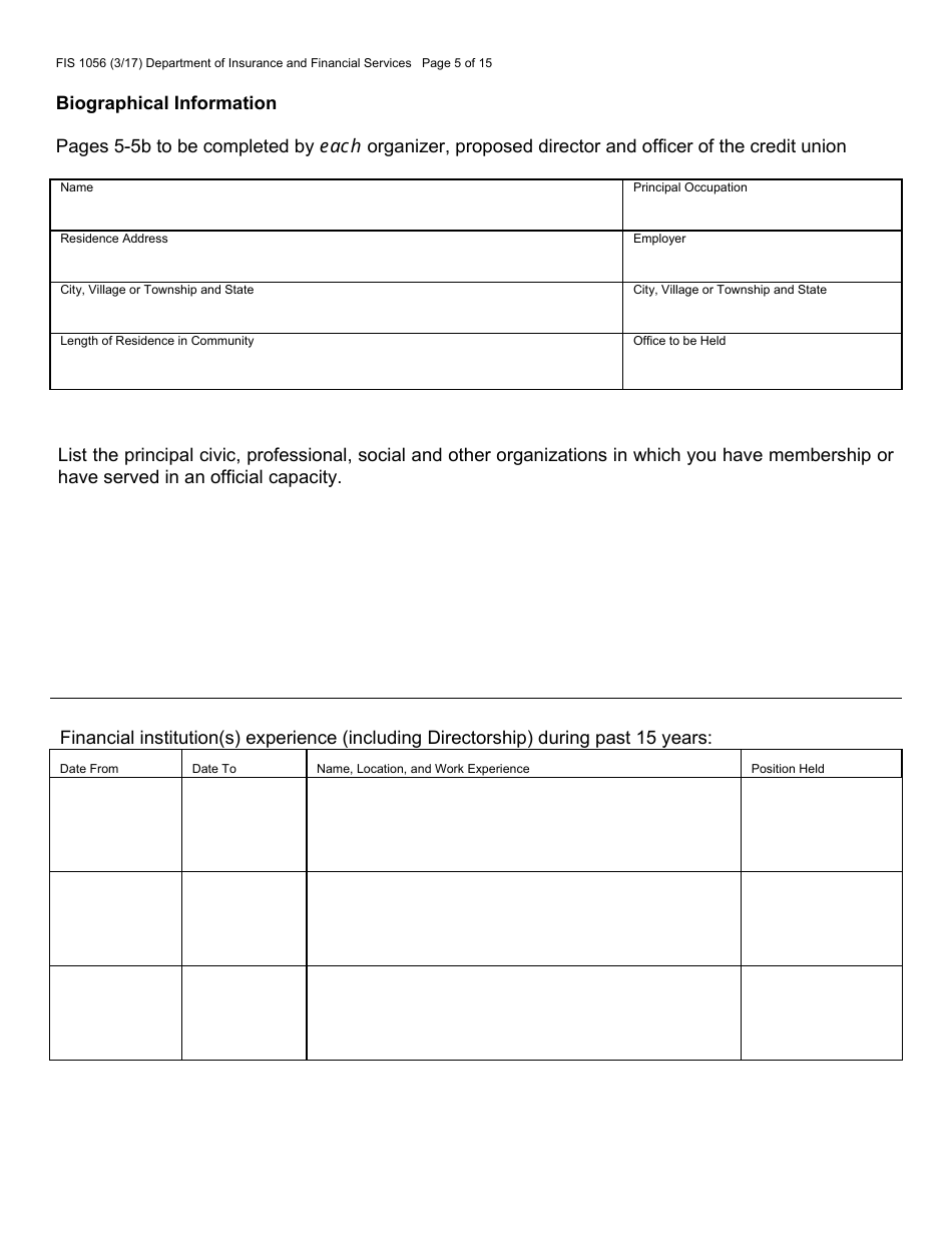 Form FIS1056 Application for Permission to Organize a State-Chartered Credit Union - Michigan, Page 7