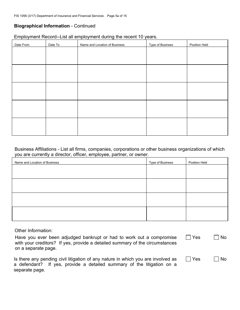 Form FIS1056 Application for Permission to Organize a State-Chartered Credit Union - Michigan, Page 8