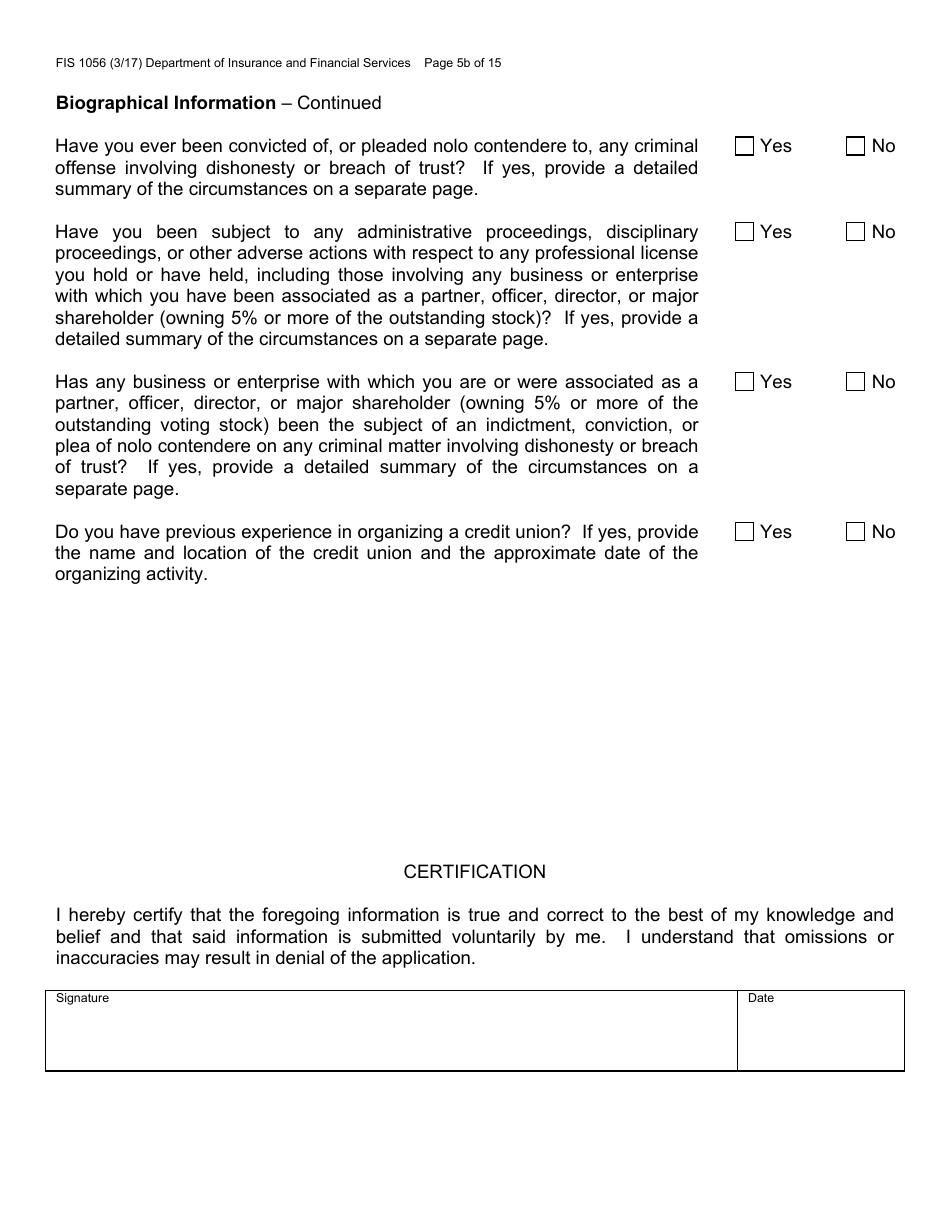 Form FIS1056 Application for Permission to Organize a State-Chartered Credit Union - Michigan, Page 9