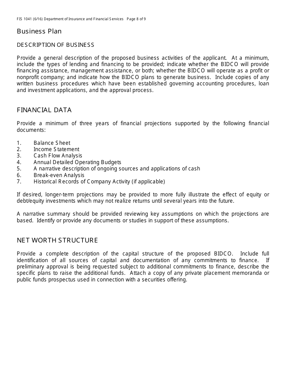 Form FIS1041 Application for License as a Business and Industrial Development Company (Bidco) - Michigan, Page 11