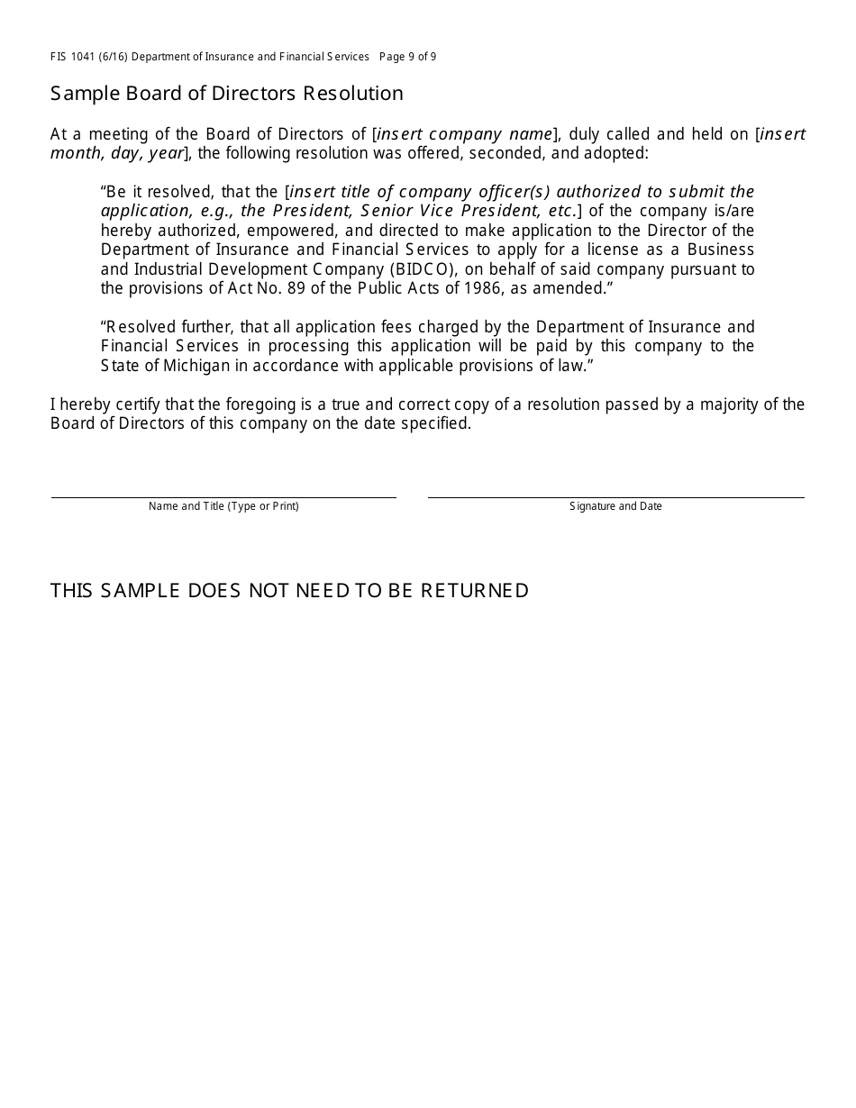 Form FIS1041 Application for License as a Business and Industrial Development Company (Bidco) - Michigan, Page 12
