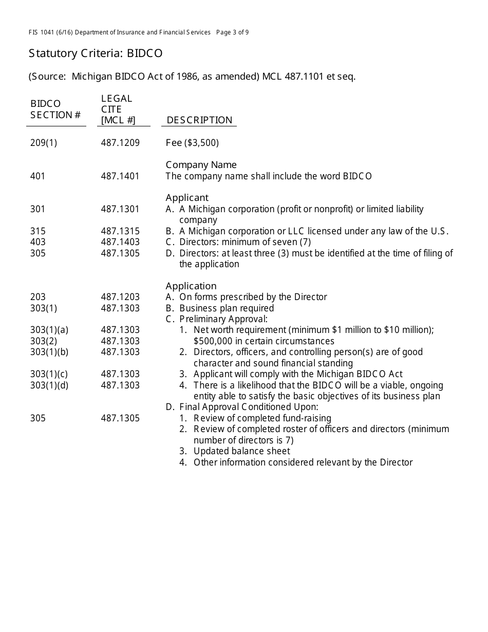 Form FIS1041 Application for License as a Business and Industrial Development Company (Bidco) - Michigan, Page 3