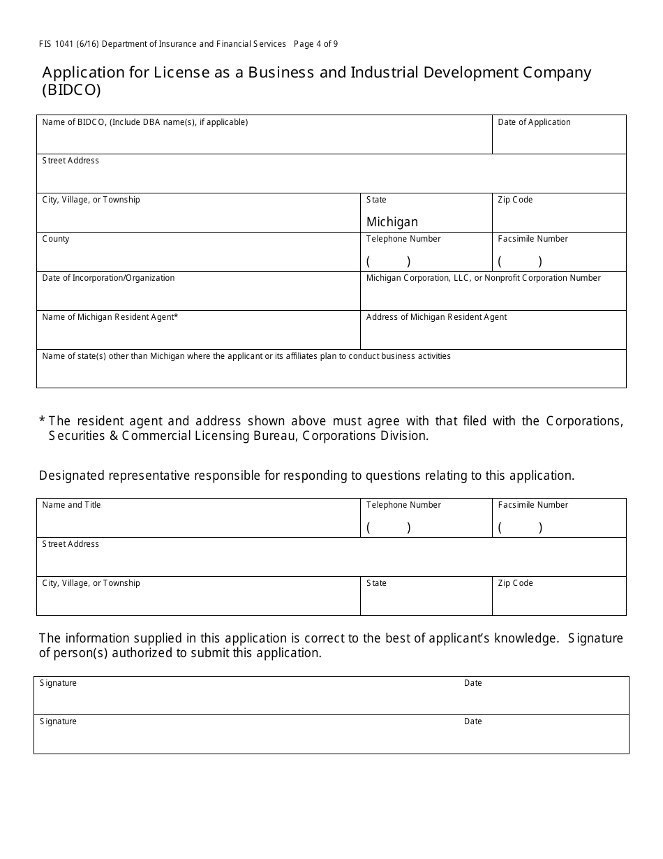 Form FIS1041 Application for License as a Business and Industrial Development Company (Bidco) - Michigan, Page 4