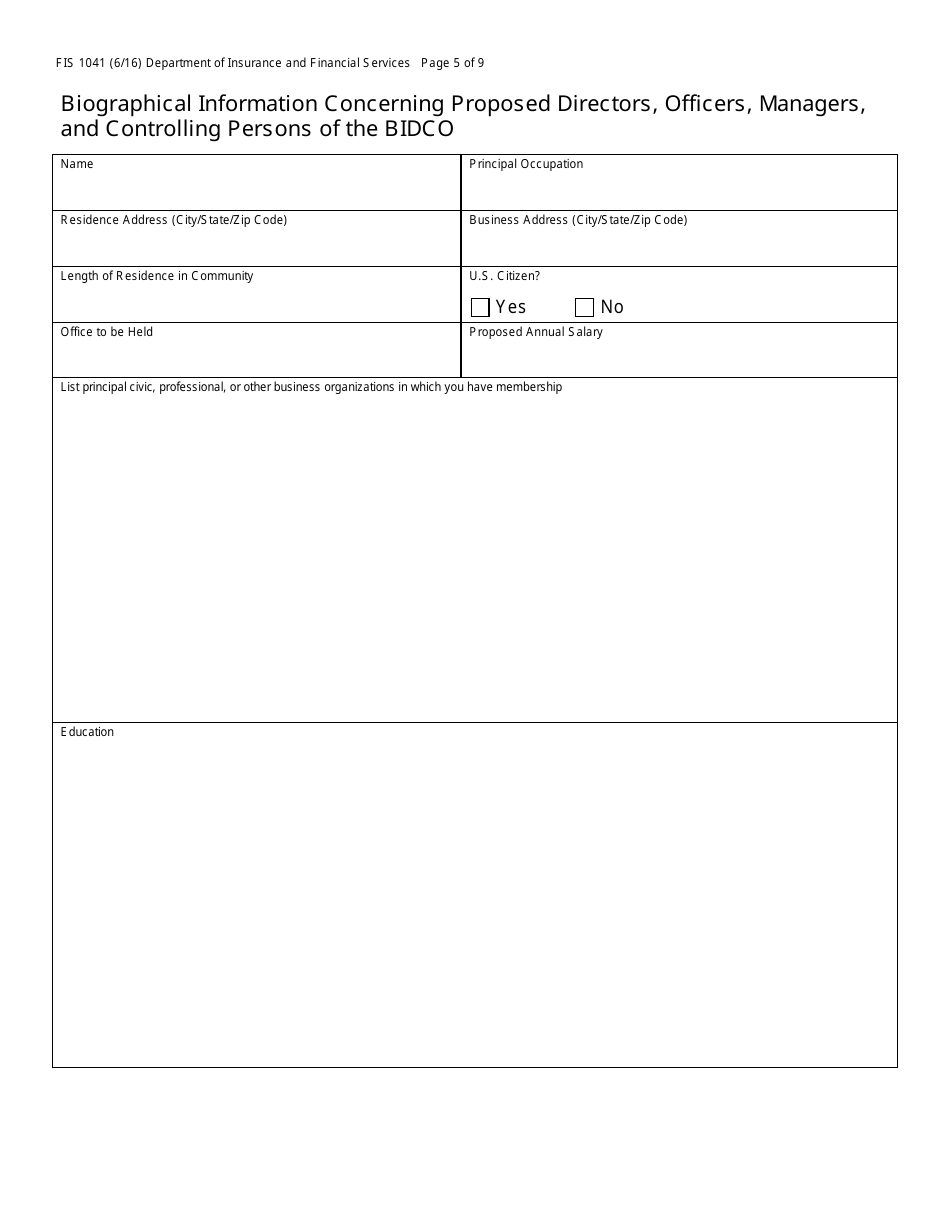 Form FIS1041 Application for License as a Business and Industrial Development Company (Bidco) - Michigan, Page 5