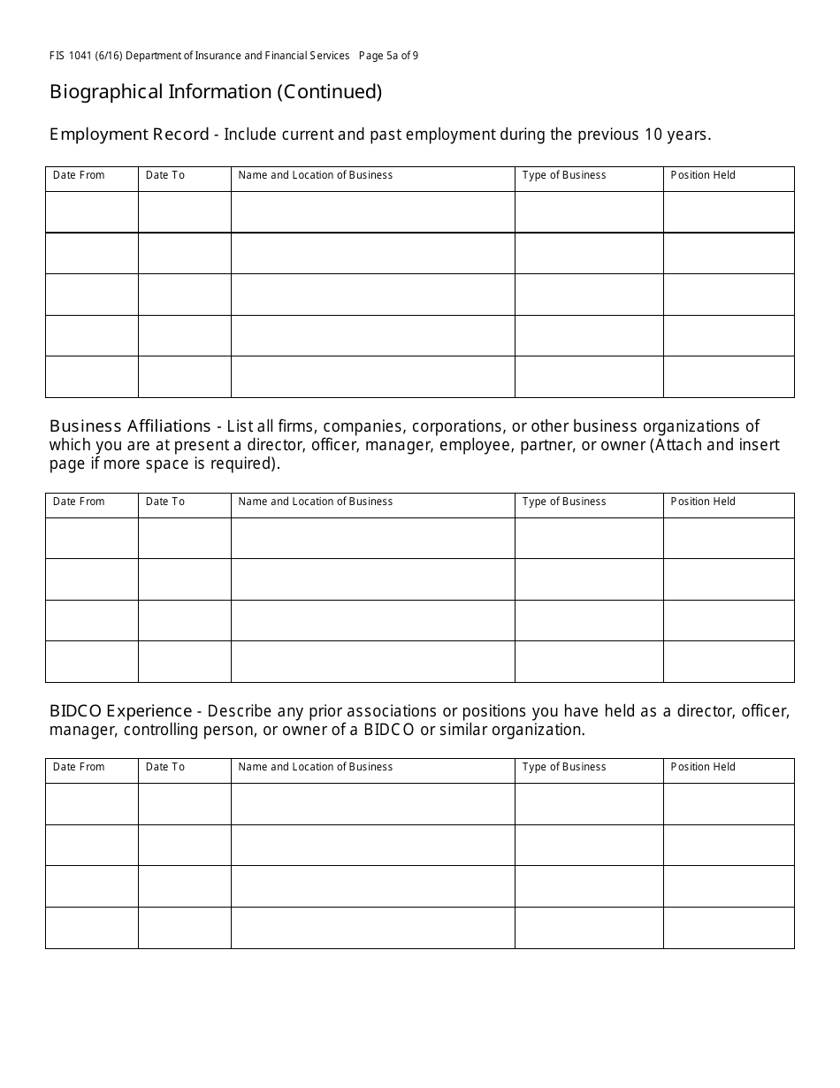 Form FIS1041 Application for License as a Business and Industrial Development Company (Bidco) - Michigan, Page 6