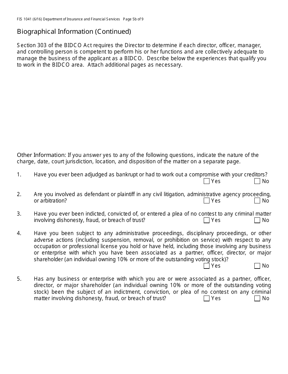 Form FIS1041 Application for License as a Business and Industrial Development Company (Bidco) - Michigan, Page 7