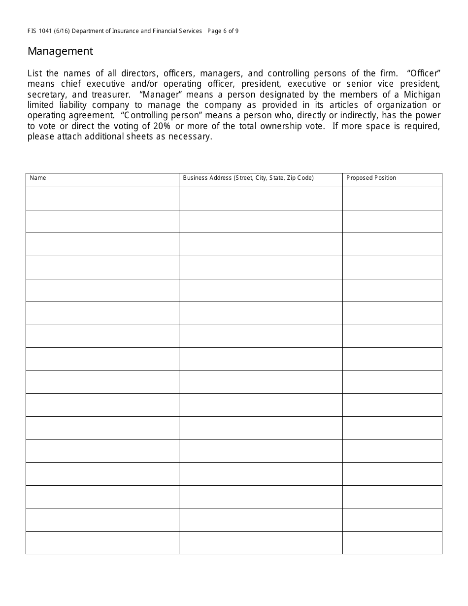 Form FIS1041 Application for License as a Business and Industrial Development Company (Bidco) - Michigan, Page 9