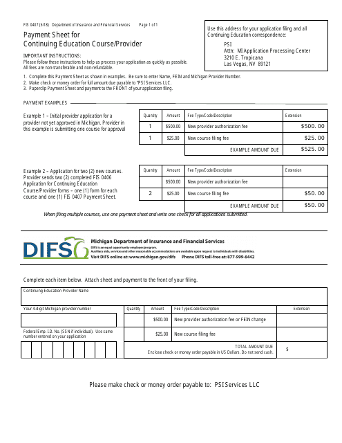 Form FIS0407 Payment Sheet for Continuing Education Course/Provider - Michigan