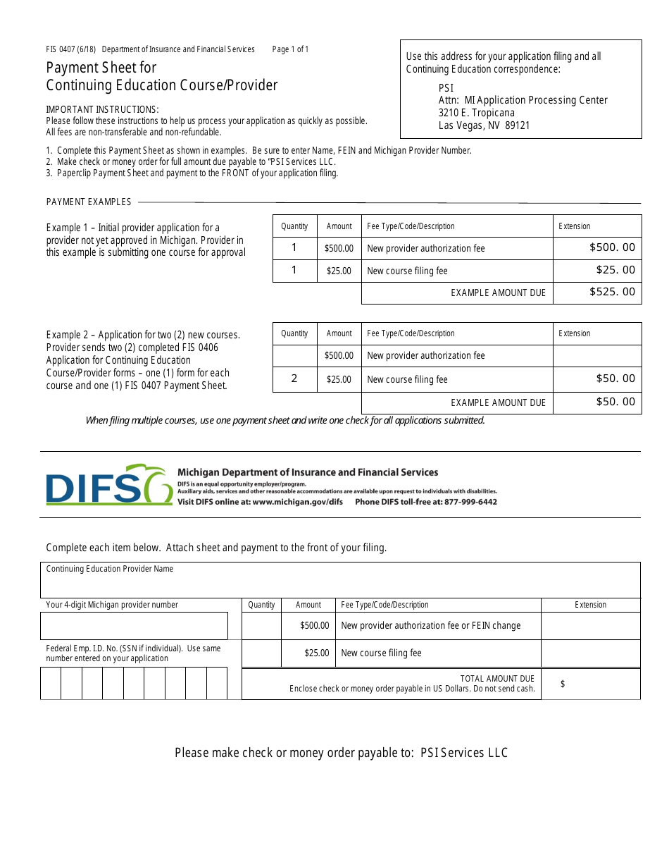 Form FIS0407 Payment Sheet for Continuing Education Course / Provider - Michigan, Page 1