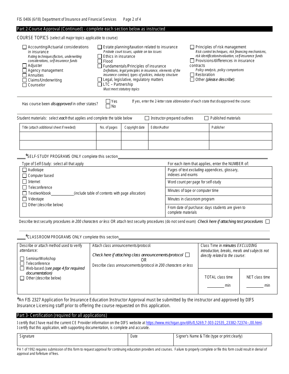 Form FIS0407 Payment Sheet for Continuing Education Course / Provider - Michigan, Page 3