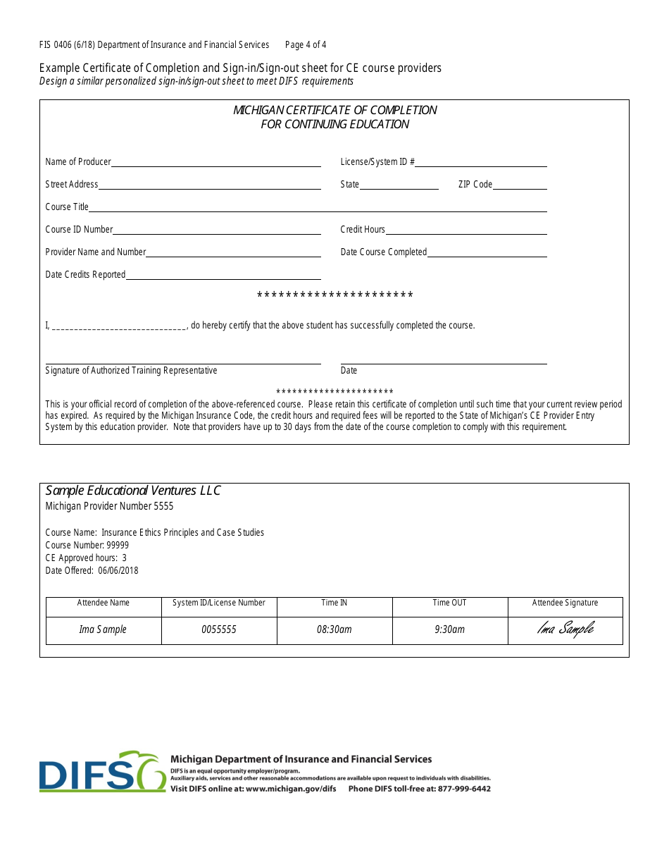 Form FIS0407 Payment Sheet for Continuing Education Course / Provider - Michigan, Page 5