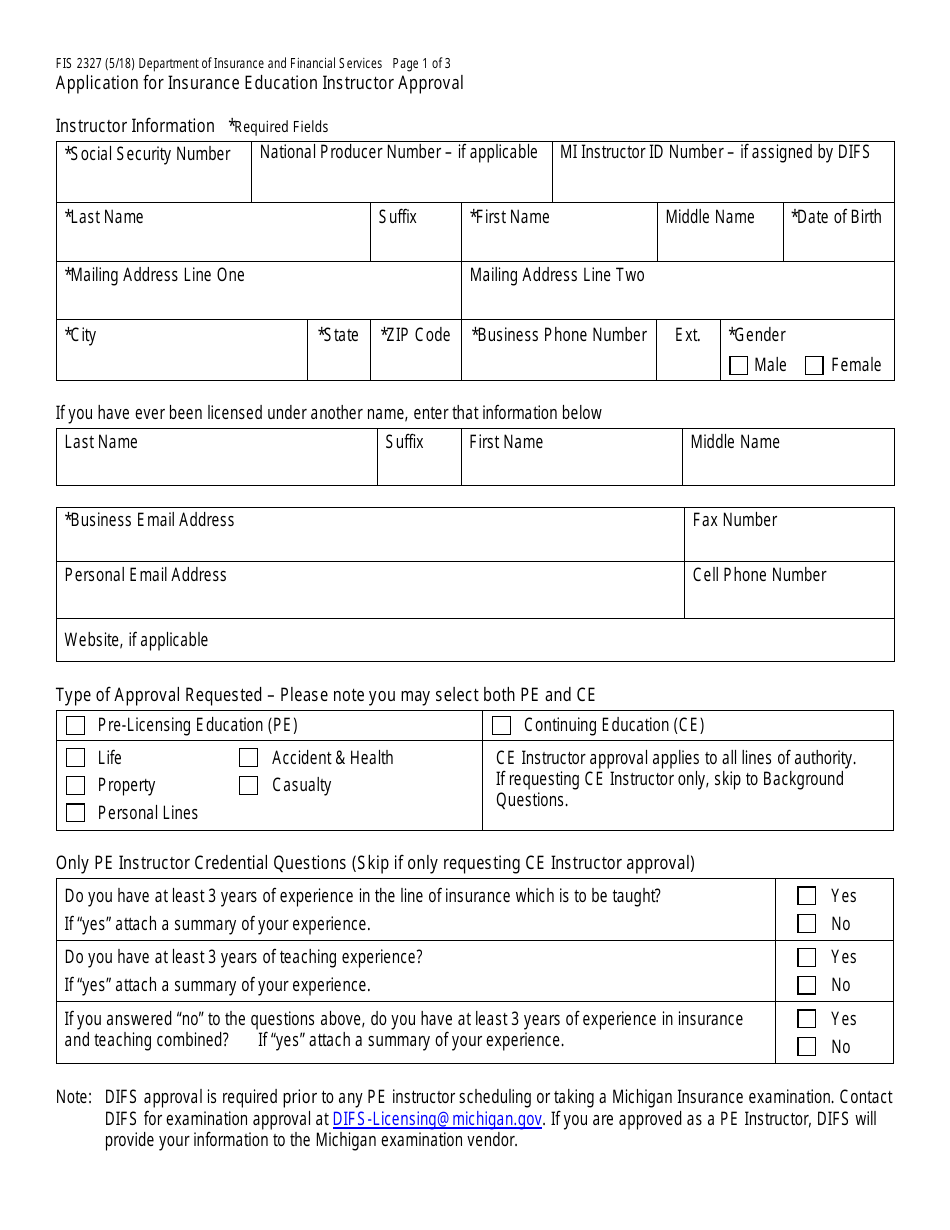 Form FIS2327 Application for Insurance Education Instructor Approval - Michigan, Page 1