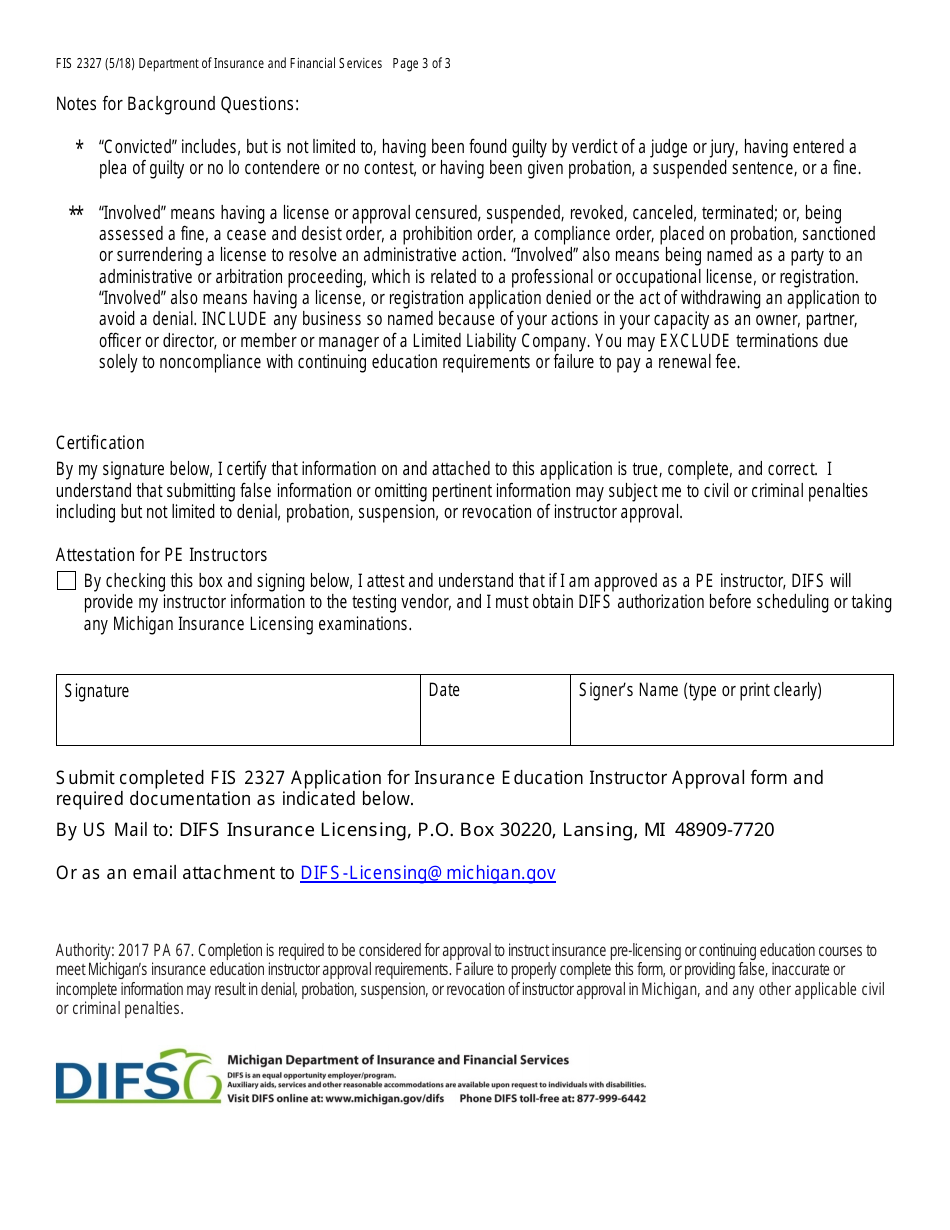 Form FIS2327 Application for Insurance Education Instructor Approval - Michigan, Page 3
