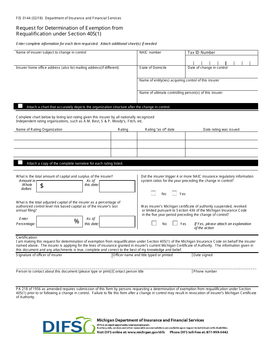 Form FIS0144 Request for Determination of Exemption From Requalification Under Section 405(1) - Michigan, Page 1