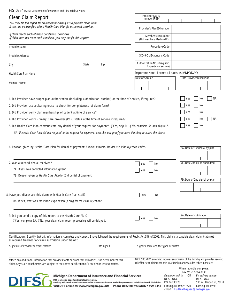 Form FIS0284 Clean Claim Report - Michigan, Page 1
