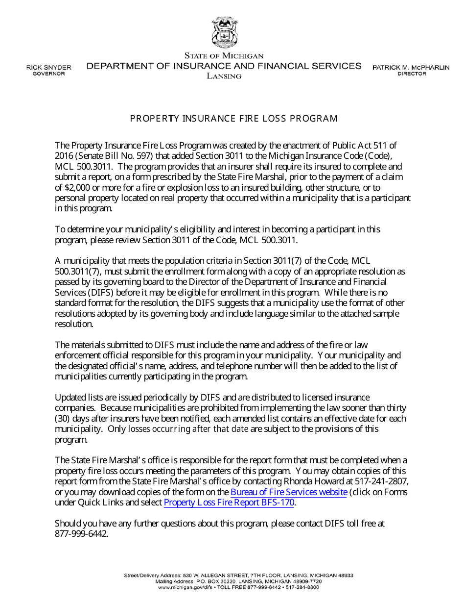 Form FIS2322 Property Insurance Fire Loss Program Enrollment and Notification - Michigan, Page 1
